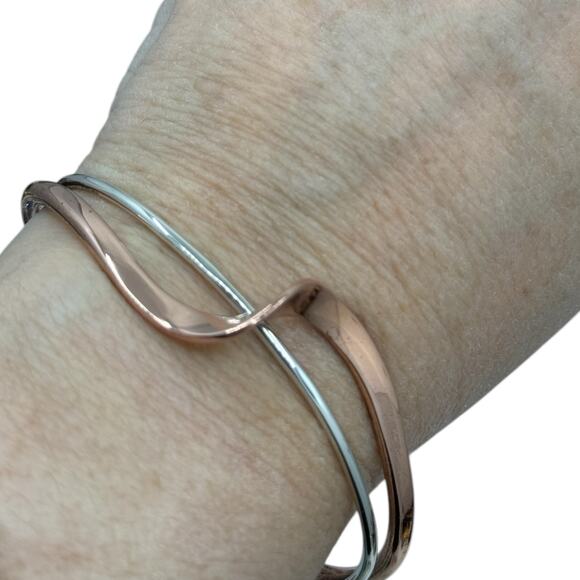 Copper 925 Sterling Silver Wave Cuff Bracelet Adjustable Size Artisan Handmade - Picture 8 of 8